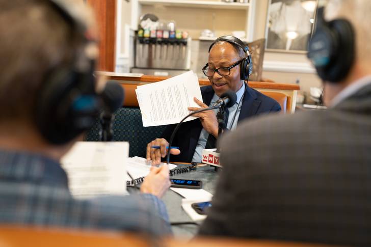 WNYC's Michael Hill, center, speaks with senior reporter Nancy Solomon and pollster Patrick Murray about the New Jersey's 7th Congressional District race at the Westfield Diner Nov. 2.